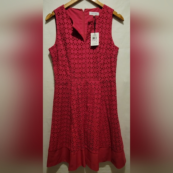 CALVIN KLEIN Embroidered Pink Eyelet Cotton Dress 6 Fit Flare ALine Cocktail Fun - Picture 1 of 7